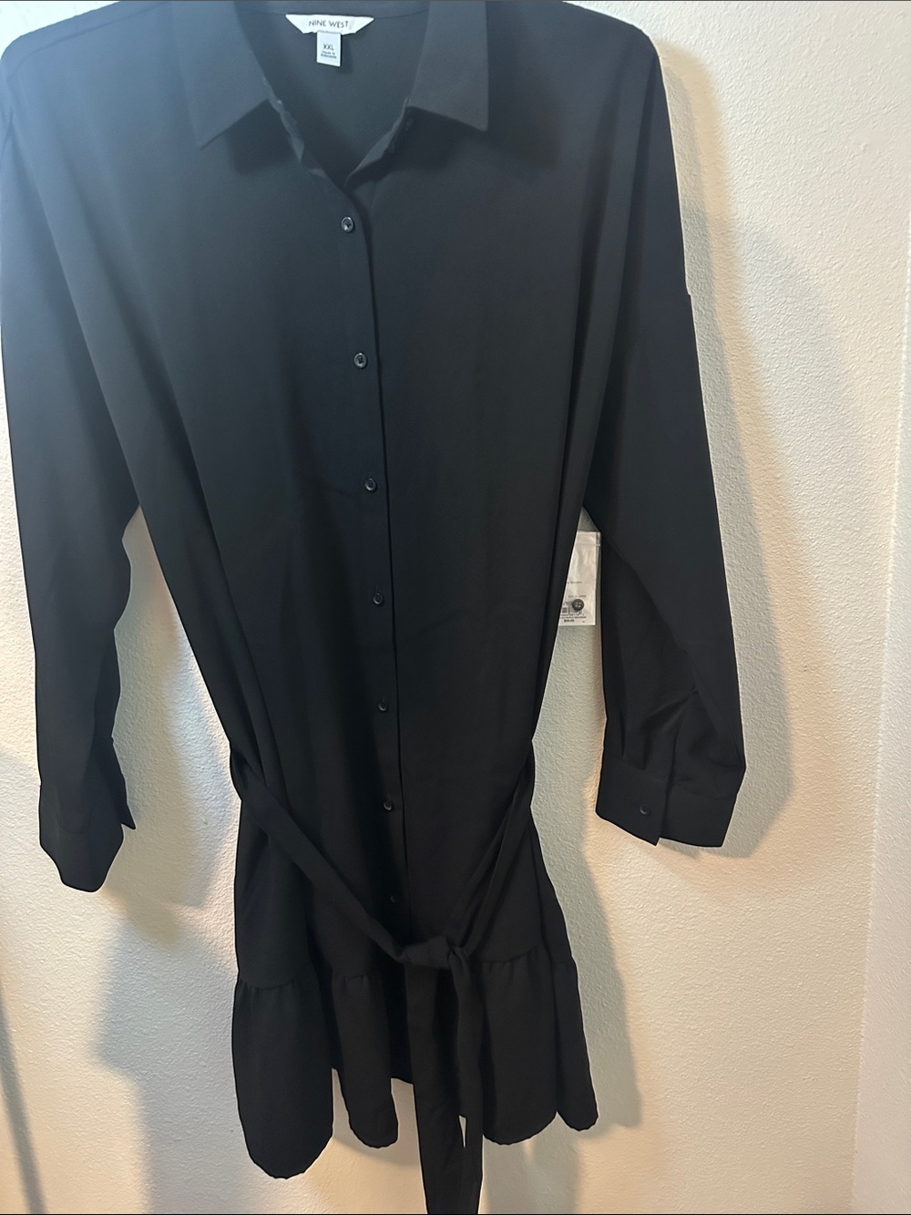 Nine West Black Long-Sleeve Button-Front Tie-Waist Dress